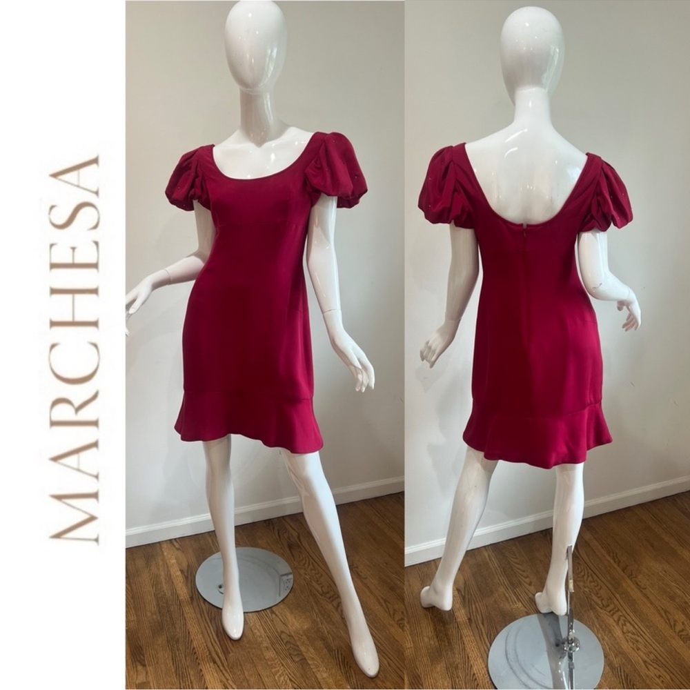 Marchesa Women's Puff Sleeves, Red Dress, 100% Silk